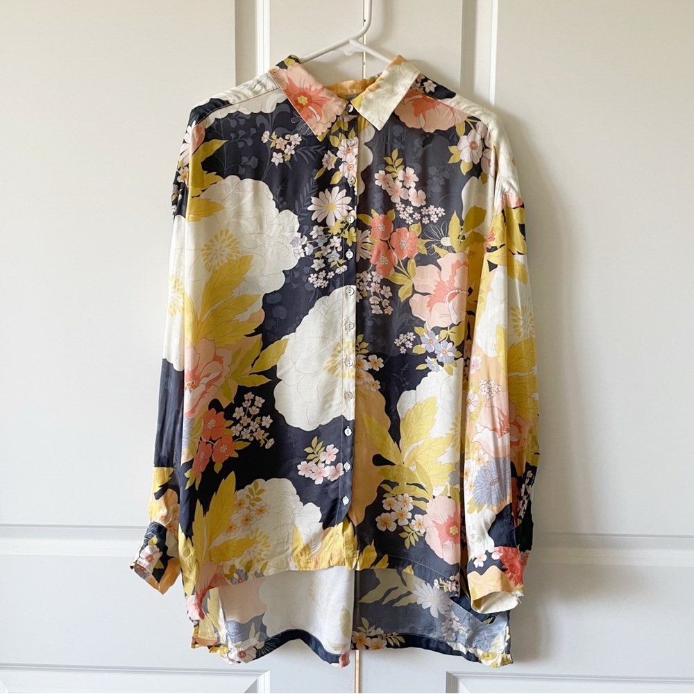 Spell Tyler Charcoal Floral Long Sleeve Button Front Shirt Size Large